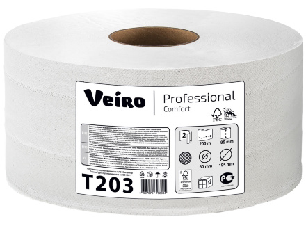 Туалетная бумага в средних рулонах T203 Veiro Comfort двухслойная линейки Professional (12 рул х 200 м)