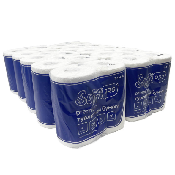 Туалетная бумага в стандартных рулонах SoffiPro Premium 4 слоя (40 рул х 18 м)