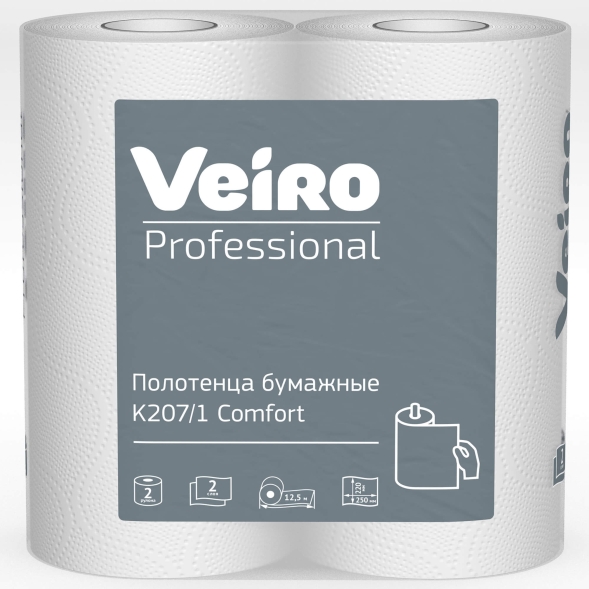 Бумажные полотенца в малых рулонах K207 Veiro Comfort белые двухслойная линейки Professional (24 рул х 12 м)