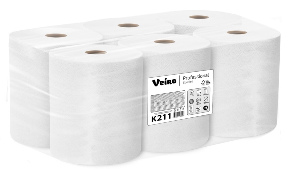 Бумажные полотенца в рулонах K211 Veiro Comfort белые однослойные линейки Professional (6 рул х 150 м)