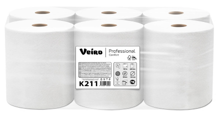 Бумажные полотенца в рулонах K211 Veiro Comfort белые однослойные линейки Professional (6 рул х 150 м)