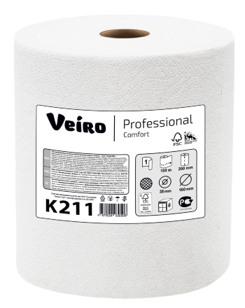Бумажные полотенца в рулонах K211 Veiro Comfort белые однослойные линейки Professional (6 рул х 150 м)