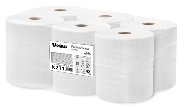 Бумажные полотенца в рулонах K211 Veiro Comfort белые однослойные линейки Professional (6 рул х 150 м)