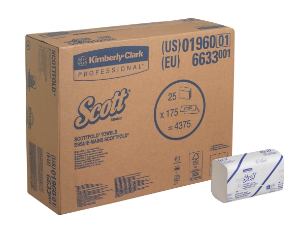 Бумажные полотенца в пачках 6633 Scott Scottfold M белые однослойные от Kimberly-Clark Professional (25 пач х 175 л)