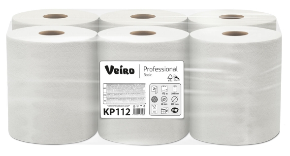 Бумажные полотенца в рулонах с центральной вытяжкой особо прочные KP112 Veiro Basic цвет натуральный двухслойные линейки Professional (6 рул х 172 м)
