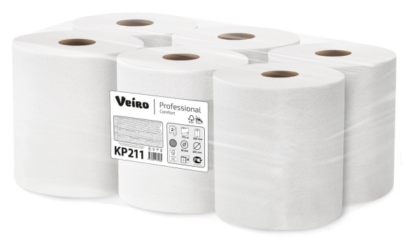 Бумажные полотенца в рулонах с центральной вытяжкой особо прочные KP211 Veiro Comfort белые двухслойные линейки Professional (6 рул х 172 м)