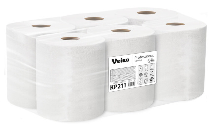 Бумажные полотенца в рулонах с центральной вытяжкой особо прочные KP211 Veiro Comfort белые двухслойные линейки Professional (6 рул х 172 м)