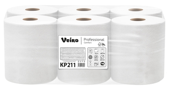 Бумажные полотенца в рулонах с центральной вытяжкой особо прочные KP211 Veiro Comfort белые двухслойные линейки Professional (6 рул х 172 м)