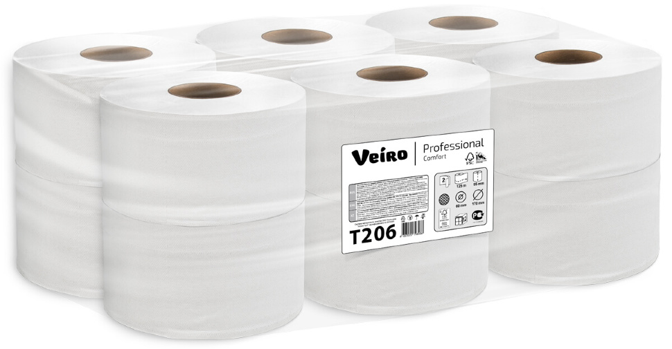 T206 Туалетная бумага в средних рулонах Veiro Professional Comfort упаковка вид слева T206 Туалетная бумага в средних рулонах Veiro Professional Comfort двухслойная (12 рулонов по 125 метров)