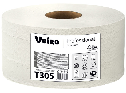 Туалетная бумага в средних рулонах T305 Veiro Premium двухслойная линейки Professional (12 рул х 170 м)