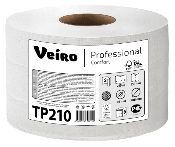 Туалетная бумага в средних рулонах с центральной вытяжкой TP210 Veiro Comfort двухслойная линейки Professional (6 рул х 215 м)