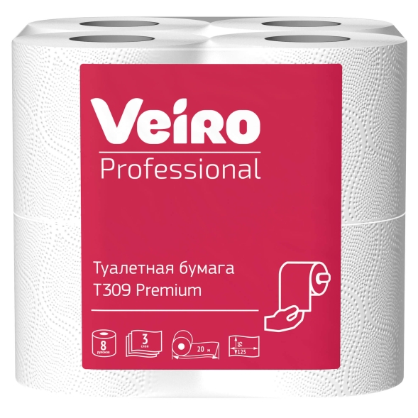 Туалетная бумага в стандартных рулонах T309 Veiro Premium трёхслойная линейки Professional (48 рул х 20 м)