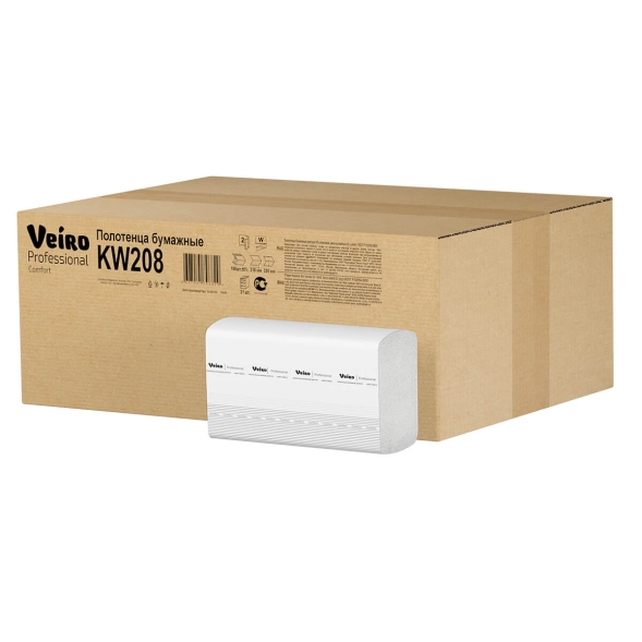 Бумажные полотенца в пачках KW208 Veiro Comfort белые двухслойные линейки Professional (21 пач х 150 л)