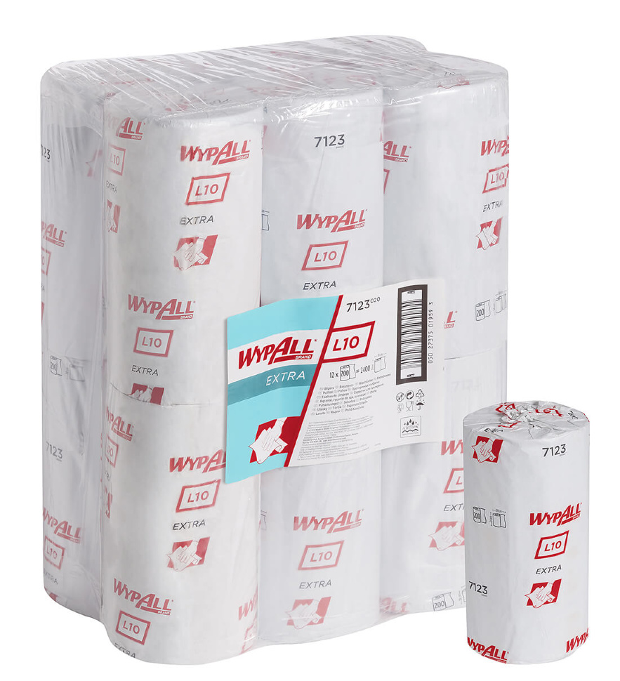 7123 Протирочный материал в рулонах WypAll L10 Extra упаковка с рулоном 7123 Протирочный материал в рулонах WypAll L10 Extra голубой однослойный (12 рулонов по 200 листов)