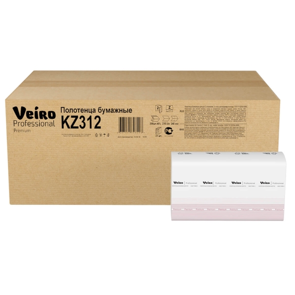 KZ312 Бумажные полотенца в пачках Veiro Premium белые 2 слоя растворимые (21 пач х 200 л)