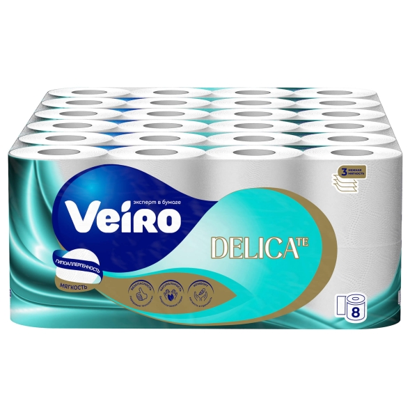 T319 Туалетная бумага в стандартных рулонах Veiro Delicate 3 слоя (48 рул х 15 м)