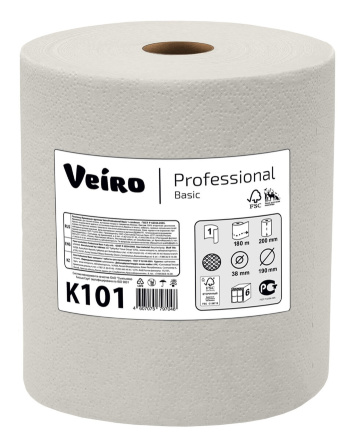 Бумажные полотенца в рулонах K101 Veiro Basic белые однослойные линейки Professional (6 рул х 180 м)