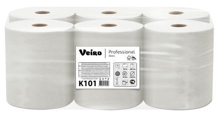 Бумажные полотенца в рулонах K101 Veiro Basic белые однослойные линейки Professional (6 рул х 180 м)