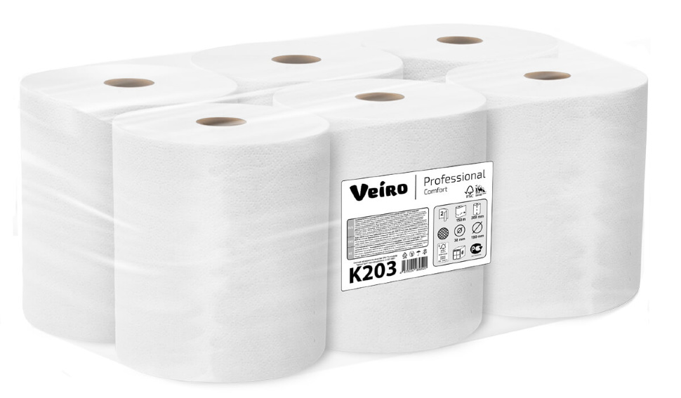 K203 Бумажные полотенца в рулонах Veiro Professional Comfort упаковка вид слева K203 Бумажные полотенца в рулонах Veiro Professional Comfort белые двухслойные (6 рулонов по 150 метров)