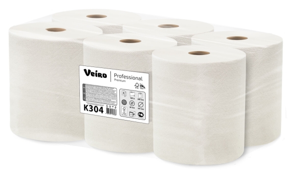 Бумажные полотенца в рулонах K304 Veiro Premium белые двухслойные линейки Professional (6 рул х 150 м)