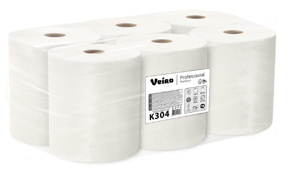 K304 Бумажные полотенца в рулонах Veiro Professional Premium упаковка вид слева K304 Бумажные полотенца в рулонах Veiro Professional Premium белые двухслойные (6 рулонов по 150 метров)