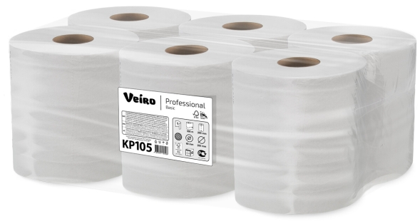 Бумажные полотенца в рулонах с центральной вытяжкой KP105 Veiro Basic белые однослойные линейки Professional (6 рул х 300 м)