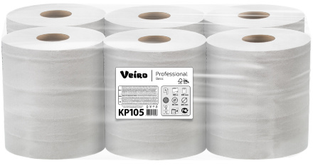 Бумажные полотенца в рулонах с центральной вытяжкой KP105 Veiro Basic белые однослойные линейки Professional (6 рул х 300 м)