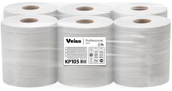 Бумажные полотенца в рулонах с центральной вытяжкой KP105 Veiro Basic белые однослойные линейки Professional (6 рул х 300 м)