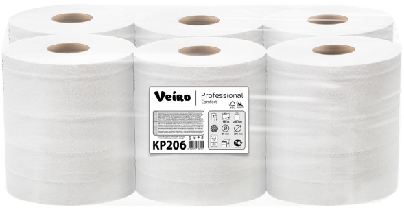 Бумажные полотенца в рулонах с центральной вытяжкой KP206 Veiro Comfort белые двухслойные линейки Professional (6 рул х 180 м)