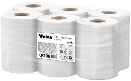 Бумажные полотенца в рулонах с центральной вытяжкой KP208 Veiro Comfort белые двухслойные линейки Professional (6 рул х 100 м)