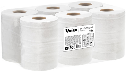 Бумажные полотенца в рулонах с центральной вытяжкой KP208 Veiro Comfort белые двухслойные линейки Professional (6 рул х 100 м)