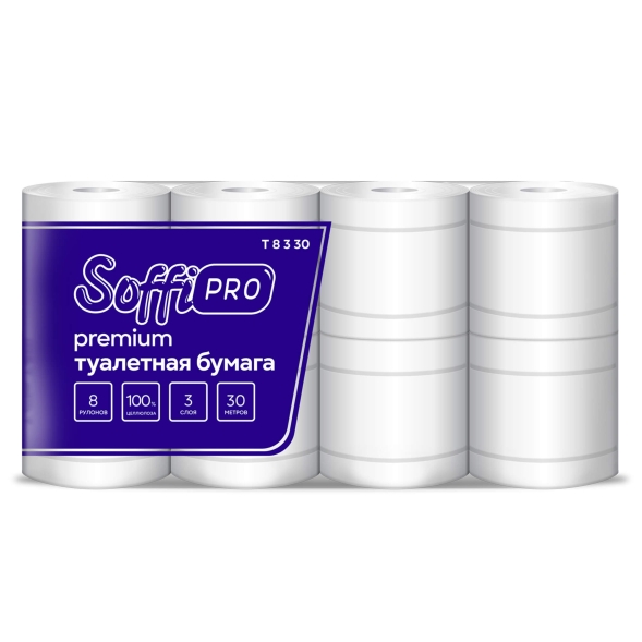 Туалетная бумага в стандартных рулонах SoffiPro Premium 3 слоя (40 рул х 30 м)